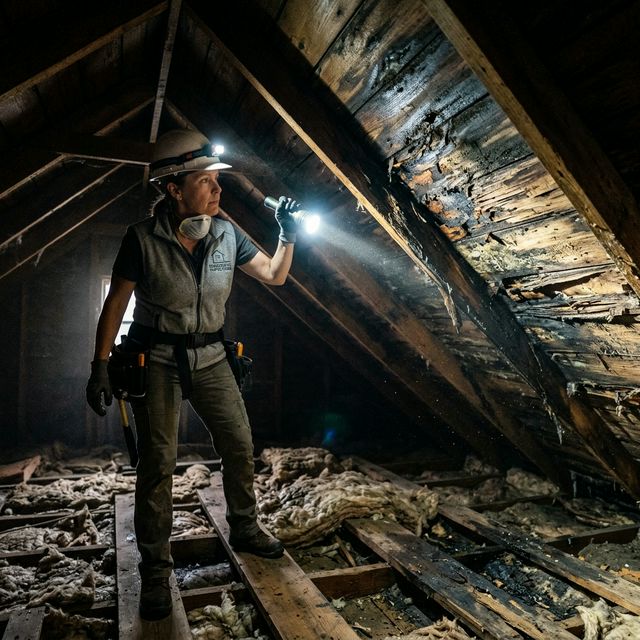 Inspector examining wet roof decking inside an attic