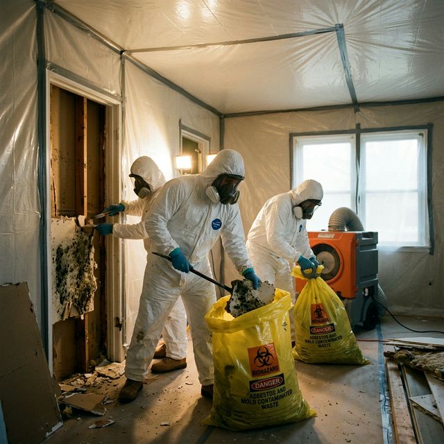 Hazmat technicians tearing out black mold drywall inside containment