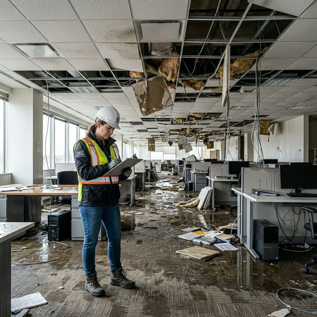 Public adjuster inspecting severe commercial water and ceiling damage