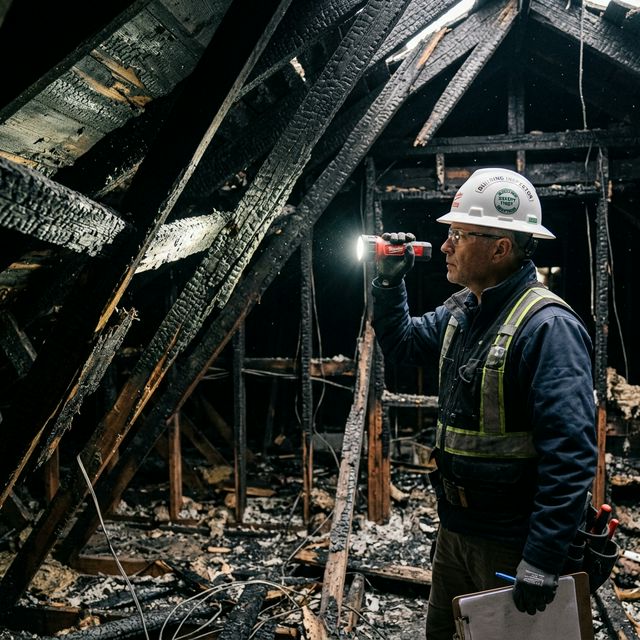 Independent structural property inspector examining fire damage