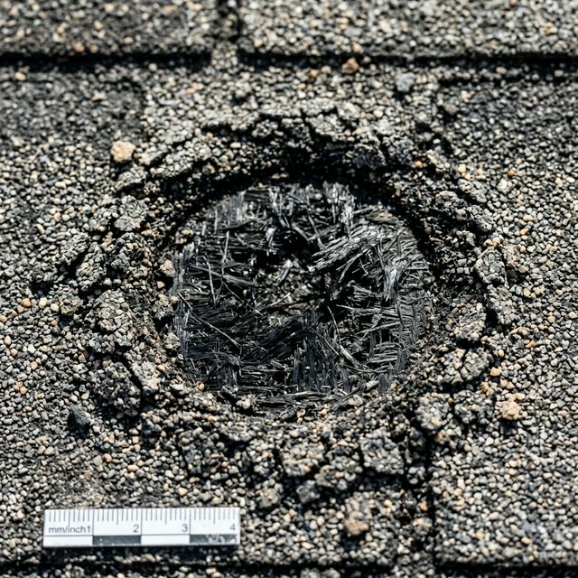 Bruised asphalt shingle from hail impact