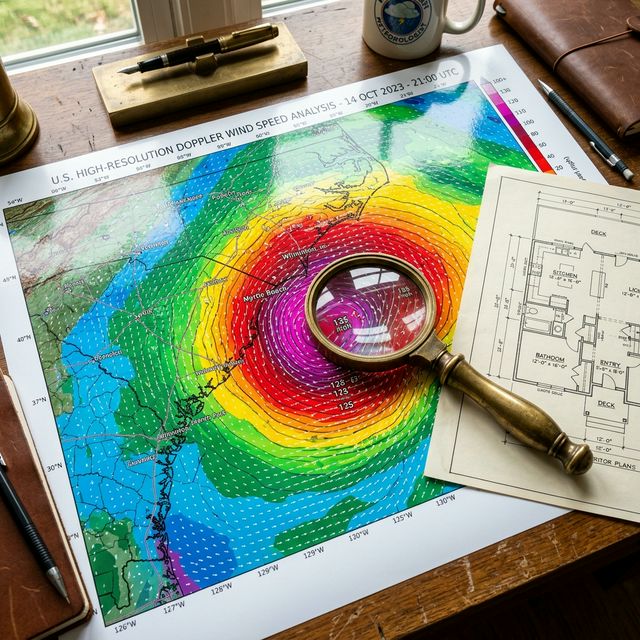 Doppler wind speed map on a desk with a magnifying glass