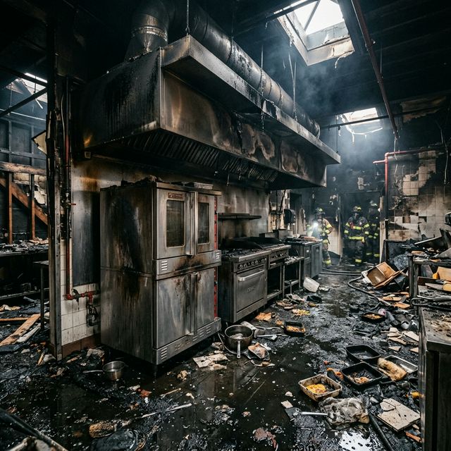 Severe fire damage in a commercial restaurant kitchen showing charred stainless steel hoods and ovens