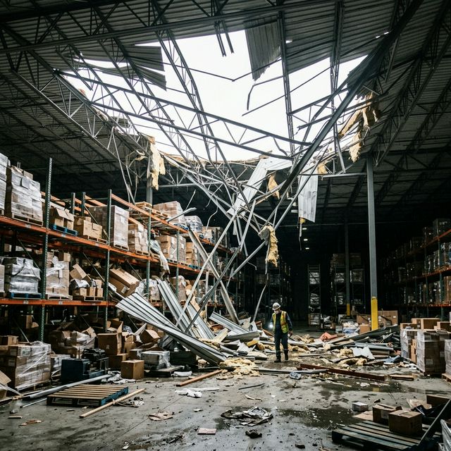 Massive industrial warehouse with partially collapsed metal roof and damaged inventory pallet racks